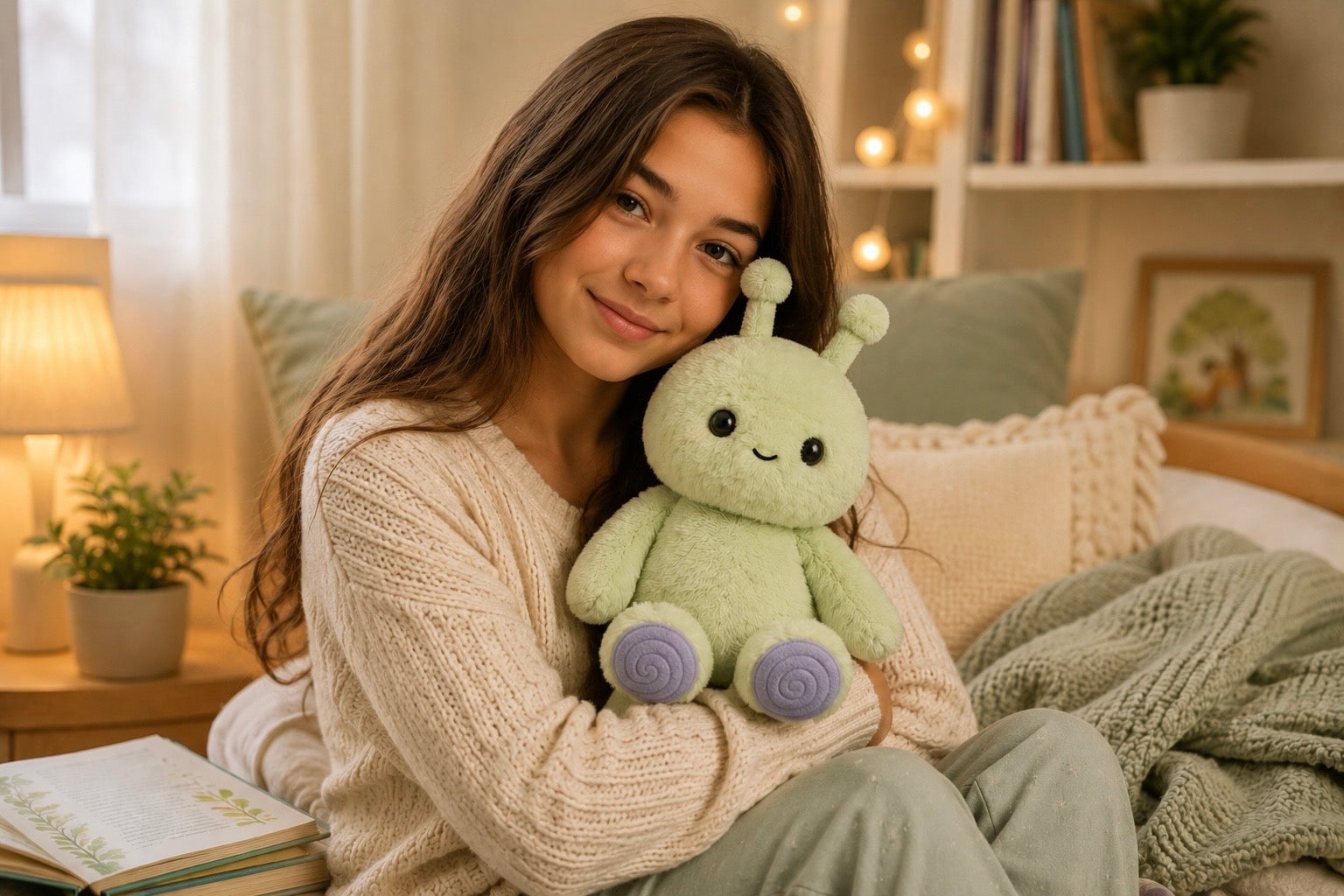 Teen holding Mossy, a green Feelikins collectible sensory plush with lavender spiral feet, in a cozy bedroom reading nook.