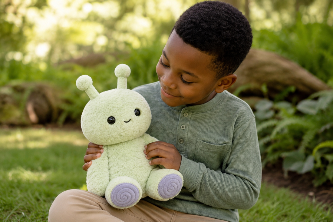 African American boy holding Mossy, a green sensory plush toy with lavender spiral feet, while relaxing outdoors in nature.