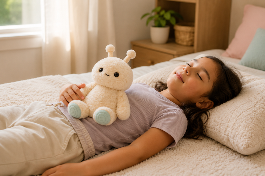 Child practicing deep belly breathing with Willow, a cream Feelikins plush toy, resting gently on their stomach in a cozy bedroom.