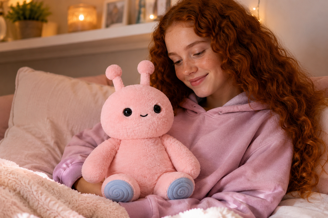 Red-haired teen relaxing in a cozy bedroom while holding Nori, a pink Feelikins plush with blue spiral foot pads.