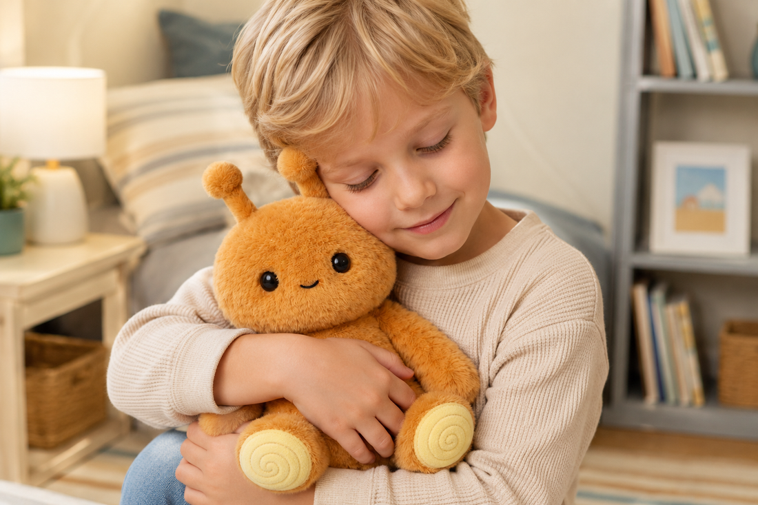 Blond boy hugging Pebble, a brown Feelikins sensory plush toy, while practicing grounding in a cozy bedroom.