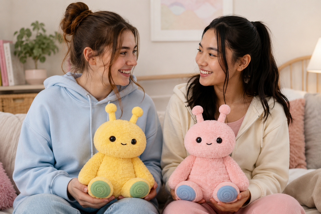 Two teen girls smiling at each other indoors while holding Pip and Nori Feelikins plush toys in a cozy bedroom setting.