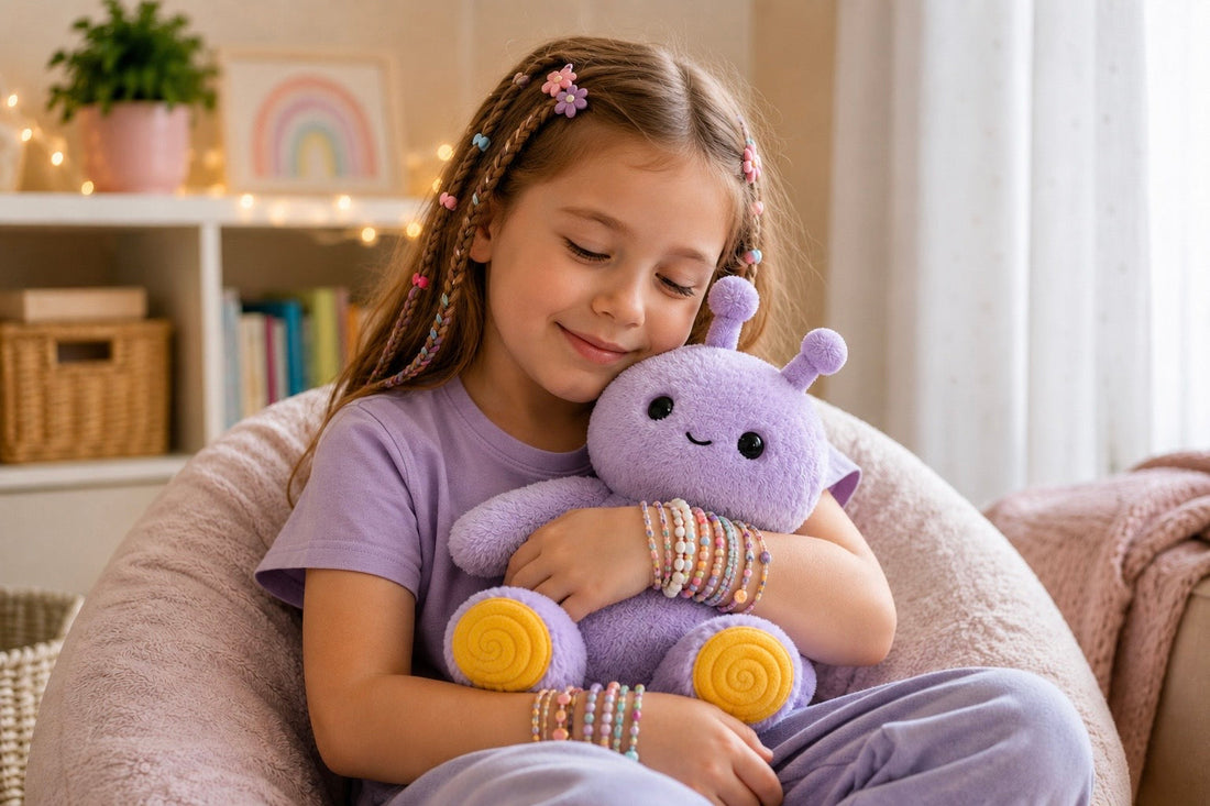 Autistic girl with colorful braided hair and beaded bracelets cuddling Tumble, a purple Feelikins sensory plush toy with weighted feet.