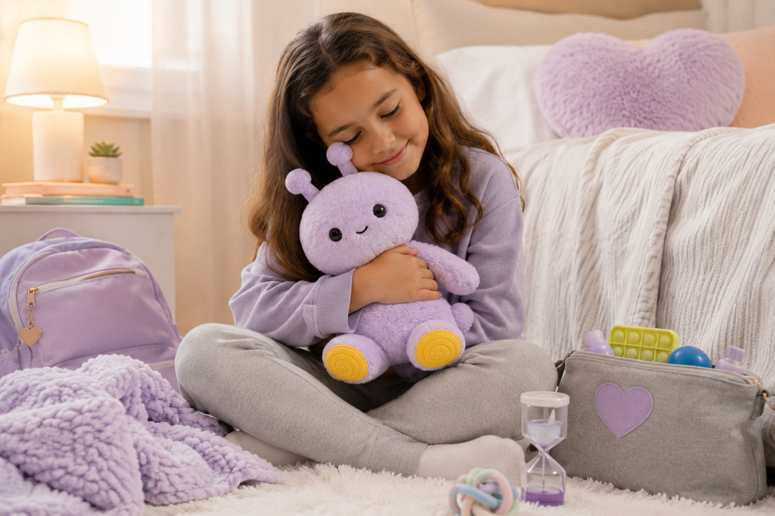 Child hugging Tumble, a purple Feelikins sensory plush toy, while sitting in a cozy bedroom surrounded by calming sensory tools and comfort items.