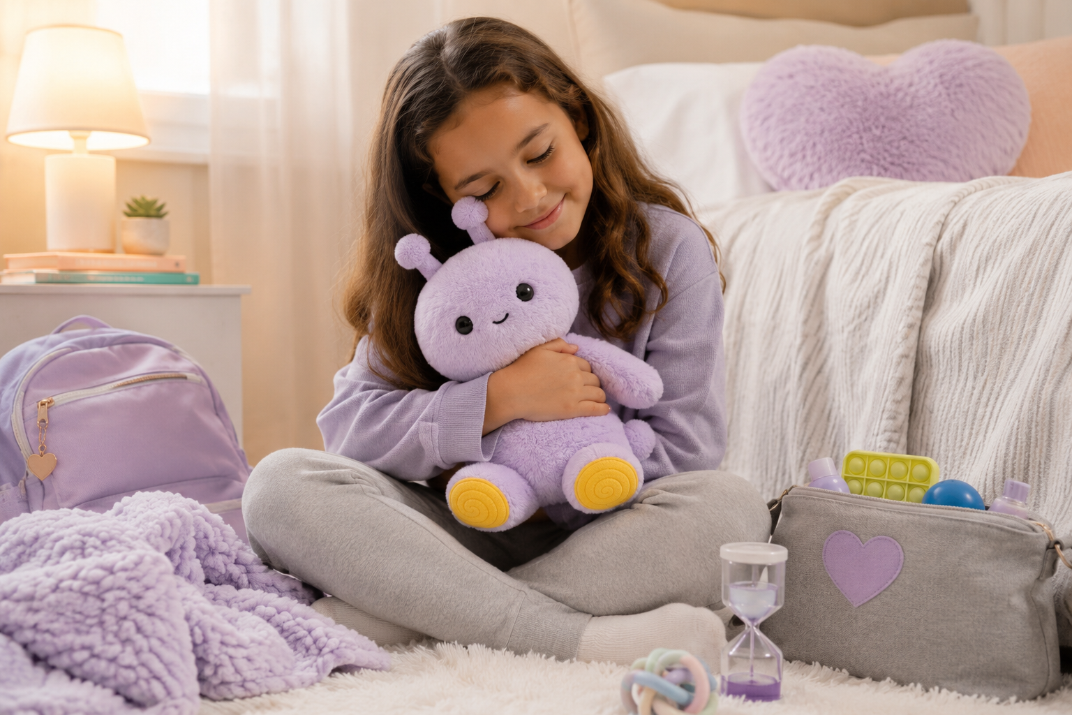 Child hugging Tumble, a purple Feelikins sensory plush toy, while sitting in a cozy bedroom surrounded by calming sensory tools and comfort items.