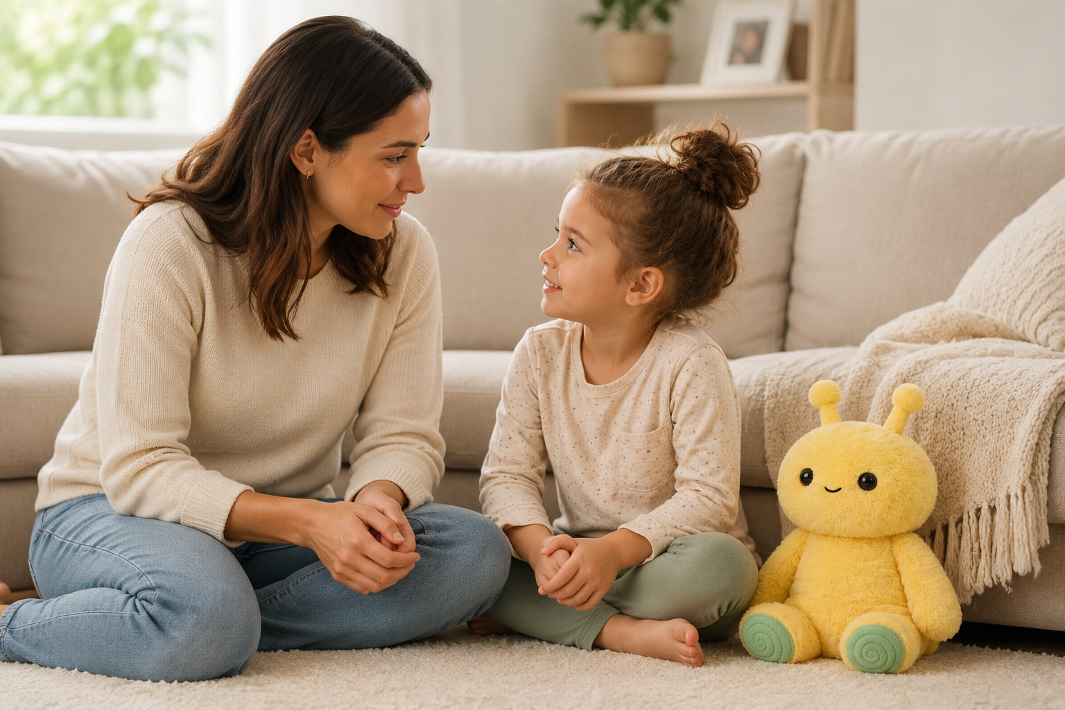 SEO alt text: Parent and child talking about feelings at home beside Pip, a yellow Feelikins sensory plush with mint green spiral feet.  