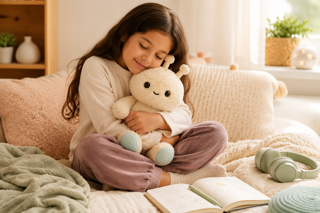 Child hugging Willow, a cream Feelikins sensory plush toy, beside a feelings journal and calming headphones in a cozy bedroom.