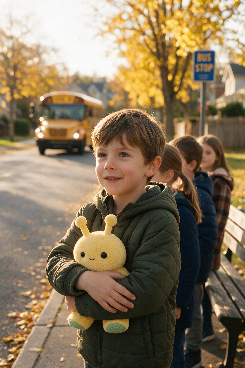 A young boy in a dark green puffer jacket stands on a school bus stop sidewalk holding a yellow plush toy, with other children and a yellow school bus in the background.