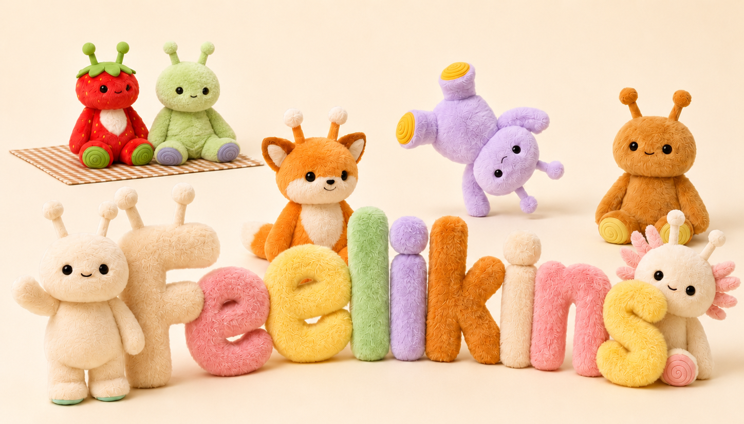Plush toys arranged to spell out 'Feelikins' in plush lettering on a beige background