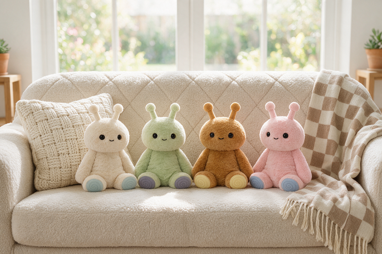 Four collectable plush toys in pastel colors (white, green, brown, and pink) arranged on a cream-colored sofa with a checkered throw blanket in a bright, sunlit room.