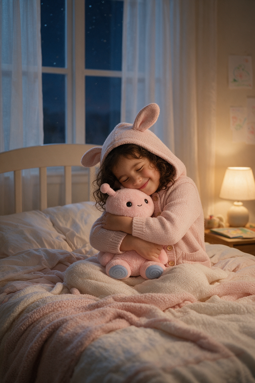 A young child wearing a pink bunny hooded pajama sits on a bed, hugging a pink plush toy under warm bedside lighting at night.