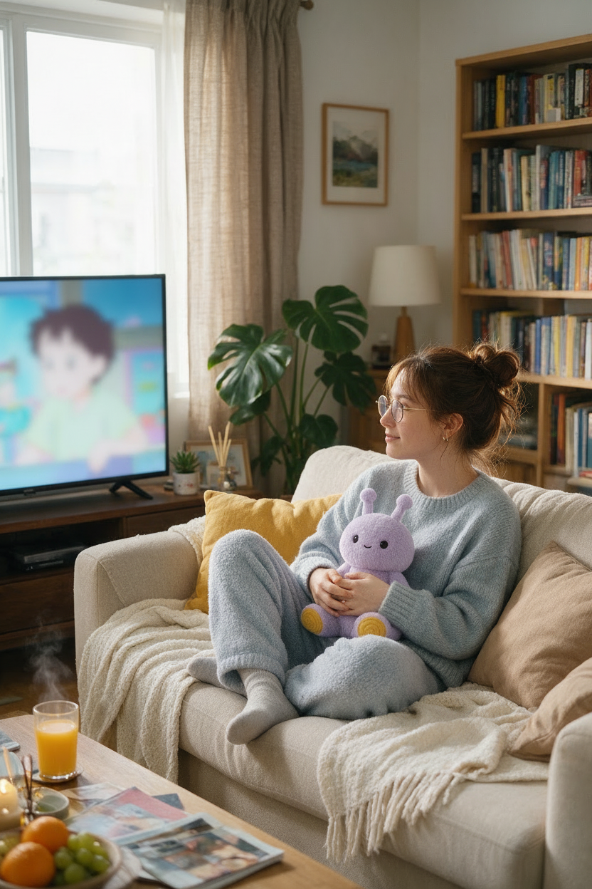 A cozy living room scene with a young woman sitting on a cream sofa, wearing a light blue knit sweater and matching sweatpants, holding a purple plush bunny while watching a cartoon on the TV. The room has a bookshelf, a plant, and a coffee table in the foreground.