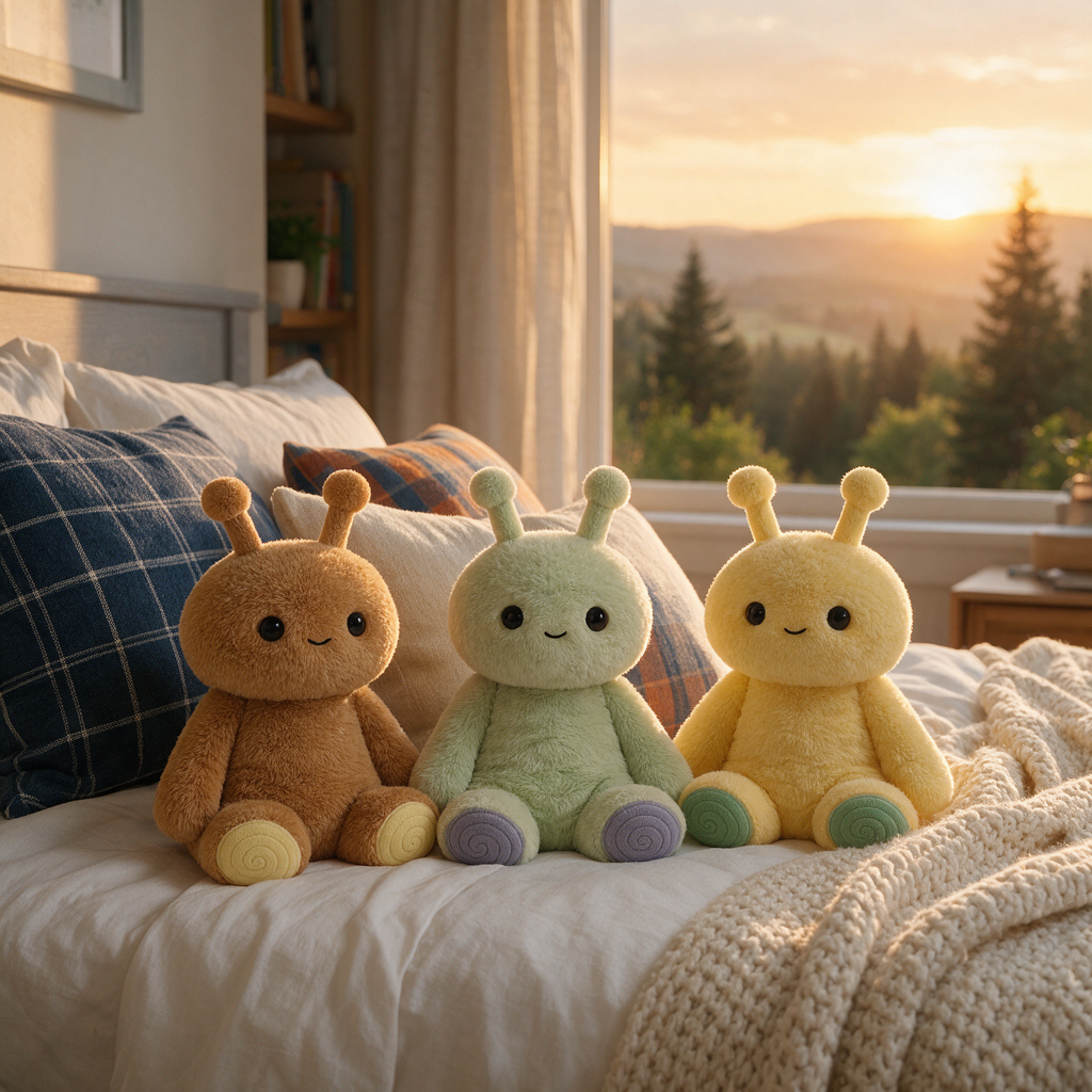 Three cute plush emotional regulation and self care toys in pastel colors: brown, green, and yellow are lined up on a bed in a cozy bedroom, with a warm sunset view of trees and mountains in the background.