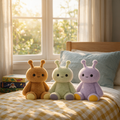 Three emotional support sensory plush toys sitting on a young boys bed with a orange and white checkered pattern duvet on it. Soft sunlight beaming through the window behind them. 