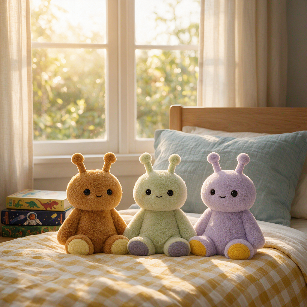 Three emotional support sensory plush toys sitting on a young boys bed with a orange and white checkered pattern duvet on it. Soft sunlight beaming through the window behind them. 