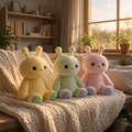 Three cute plush gift sensory emotional support toys in pastel yellow, green, and light pink are lined up on a cozy cream-colored knit blanket in a warm, sunlit room.