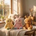 Three plush sensory toys in pastel yellow, pink, and brown sit side by side on a cream knit blanket on a wooden table in a softly lit room.