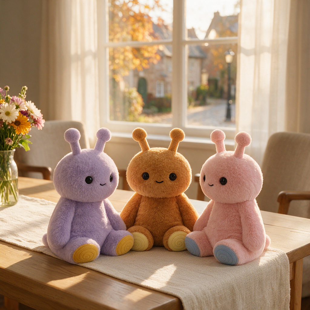 Three soft plush bundle of emotional regulation sensory toys in lavender, brown, and pastel pink sit on a wooden table in a sunlit room with a window, chairs, and flowers in the background.