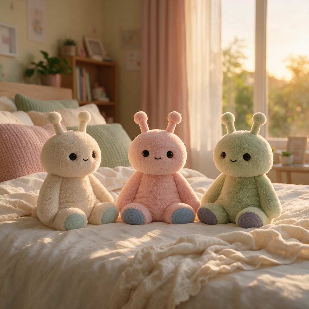 Three cute plush sensory toys sitting on a bed in a cozy, warmly lit bedroom. The plush toys are cream, pink, and green with small pastel accents on their feet.