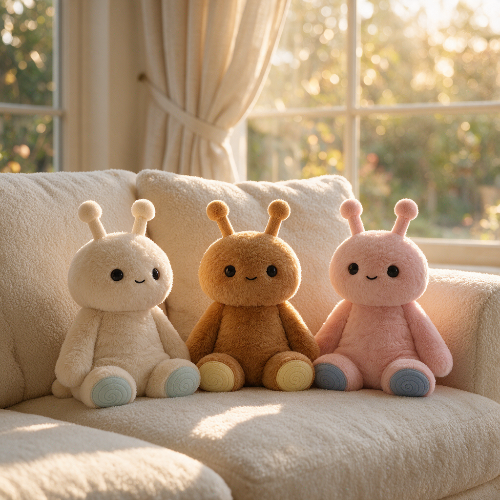 Three cute plush self care toys sit on a cream-colored sofa in a sunlit room. The plush toys are cream, brown, and pink, each with small black eyes and a stitched smile. 