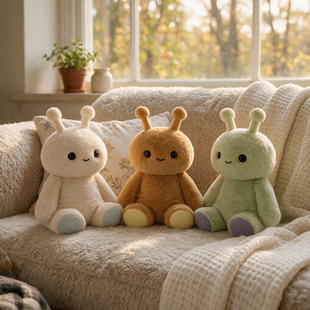 Three soft plush self care toys sit on a cream-colored textured couch in a sunlit living room. The sensory plush are cream, brown, and light green, each with small black eyes and simple stitched smiles.