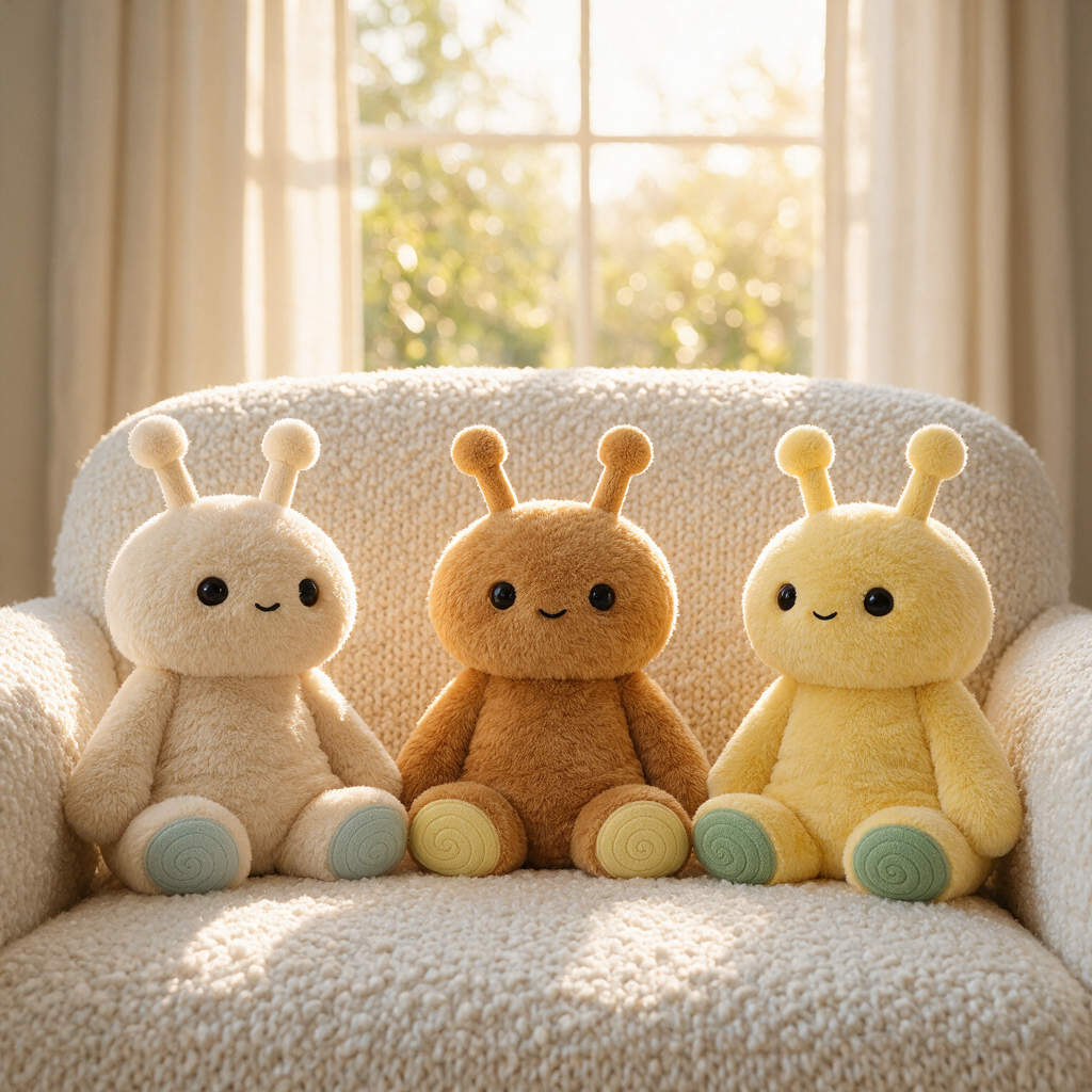 Three small plush sensory toys with antennae sit on a cream textured armchair in front of a softly lit window. The toys are cream, brown, and yellow, each with black eyes and small pastel-colored feet.