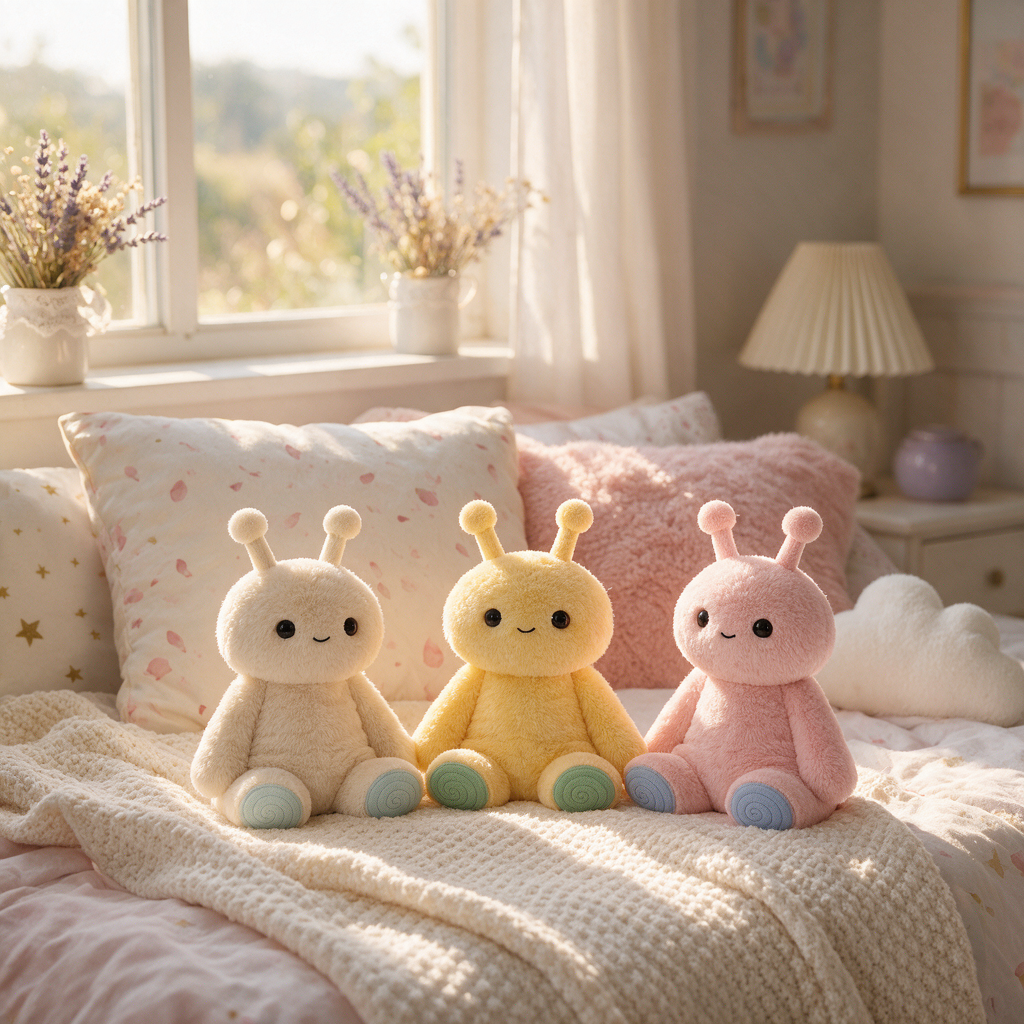 Three cute plush toys in cream, yellow, and pastel pink are arranged on a cozy bed with pink and white pillows in a warm, sunlit bedroom.