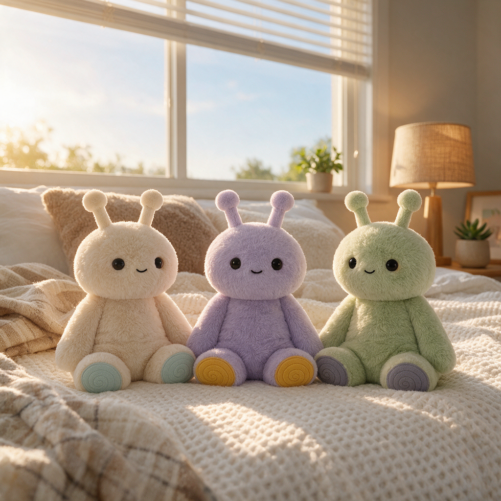 Three cute plush toys in pastel colors (cream, lavender, and green) sitting together on a cozy bed in a warm, sunlit bedroom.