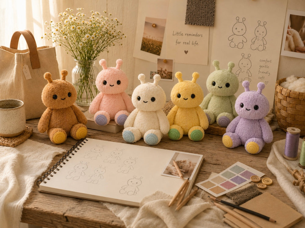 Six Feelikins plush characters in pastel colors — brown, pink, cream, yellow, green, and purple — displayed on a wooden desk surrounded by design sketches, color swatches, and craft supplies
