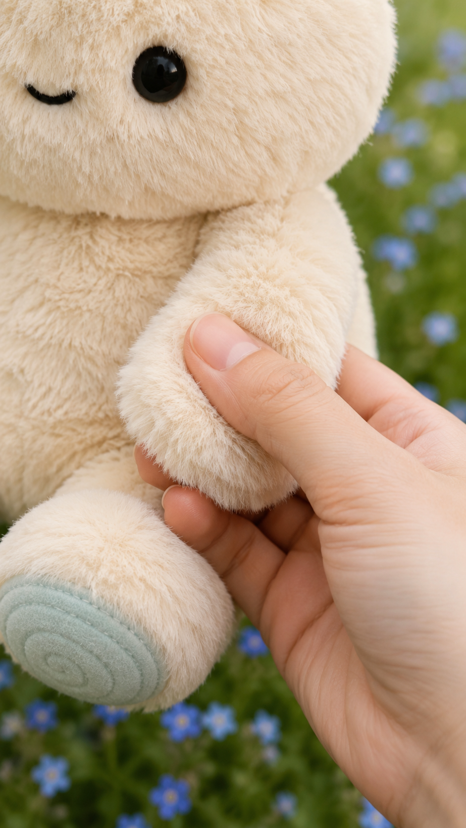 Child's hand squeezing the soft pellet-filled hand of a Feelikins cream plush toy outdoors among blue flowers