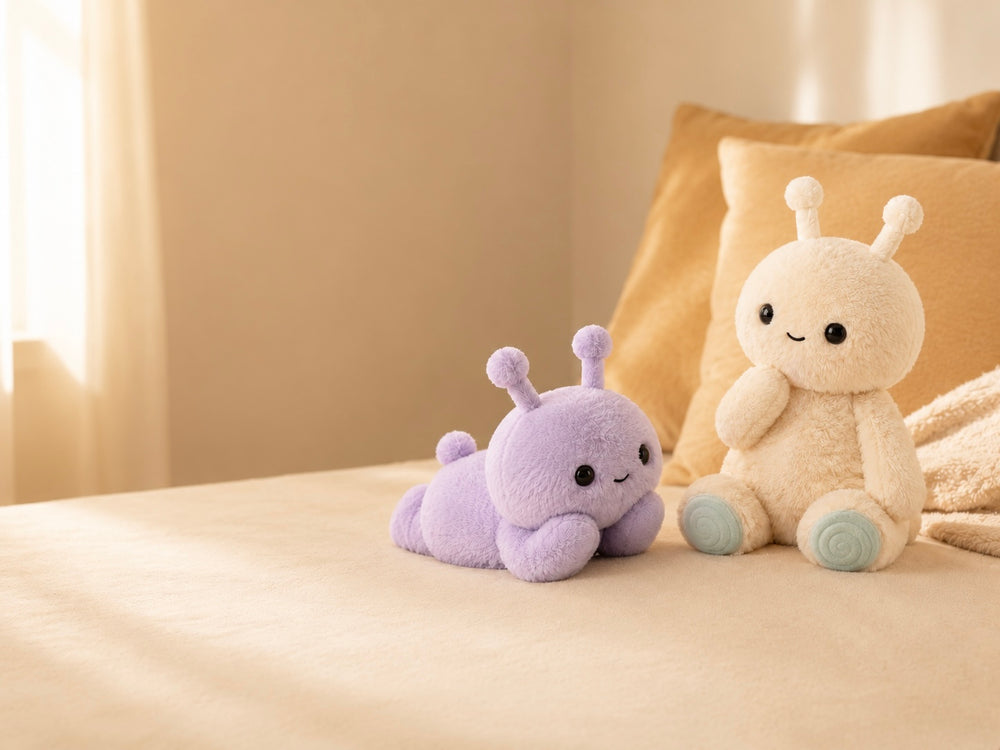 Purple Feelikins plush, Tumble, lying on a bed next to a cream Feelikins plush, Willow, seated against a golden pillow in a warm, cozy bedroom setting.