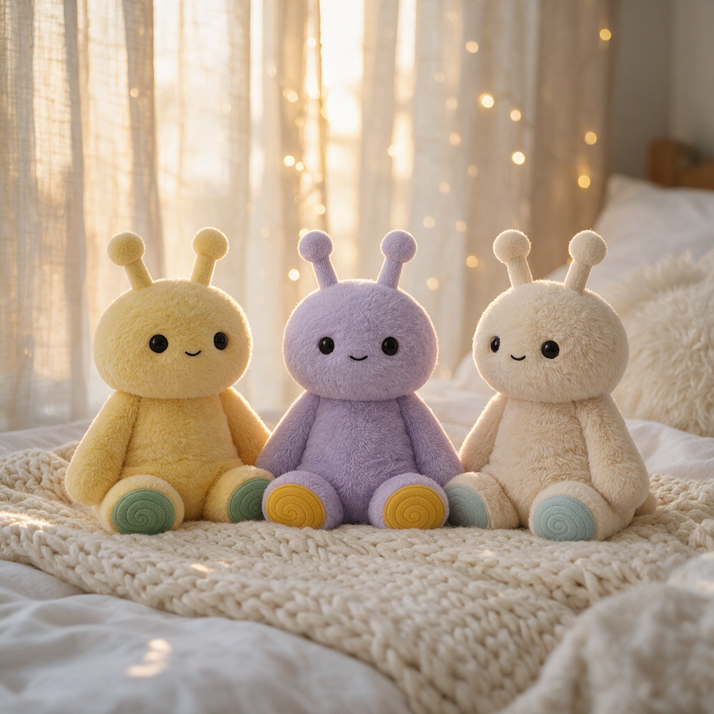 Three cute plush sensory toys in pastel yellow, lavender, and cream, sitting side-by-side on a cozy cream knit blanket in front of a softly lit window with sheer curtains and warm fairy lights.